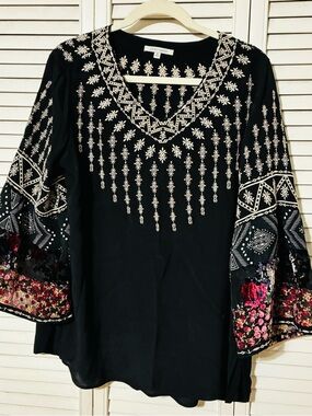 John Mark Black Tunic with White Embroidered Yoke and Multicolor Floral Sleeves